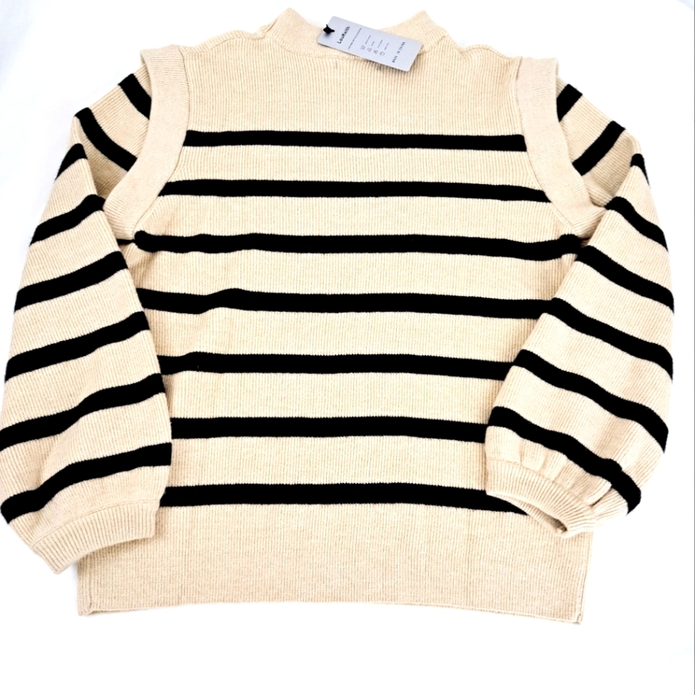 Loukeith Women's Long Sleeve knit Sweater Striped Loose Cream/Black Sz L